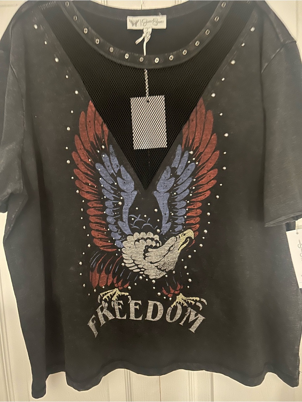 Jessica Simpson Black Short-Sleeve Eagle Graphic Tee with Stud Accents